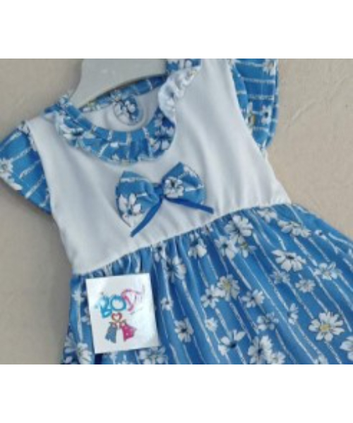 Cotton Short Sleeve Round Neck Floral Print Dress with Panty For Baby - White Blue 