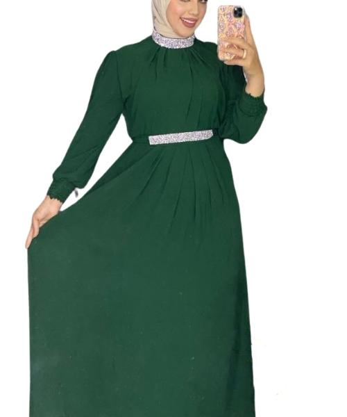 Solid Chiffon Maxi Dress With Glitter Belt Full Sleeve High Neck For Women - Green