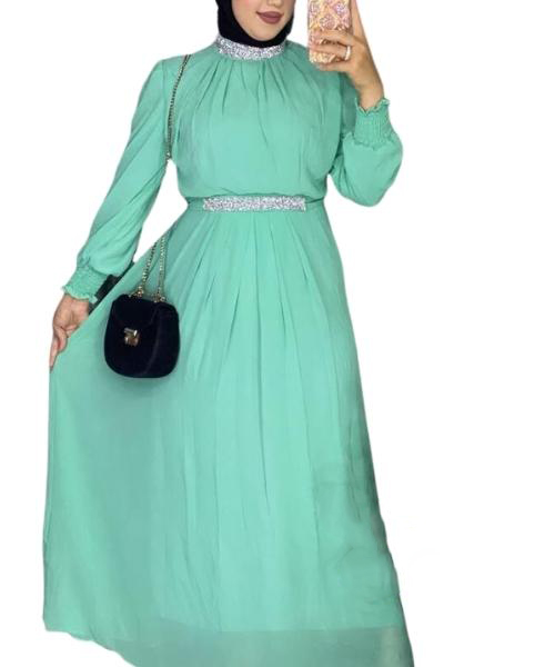 Solid Chiffon Maxi Dress With Glitter Belt Full Sleeve High Neck For Women - Mint Green