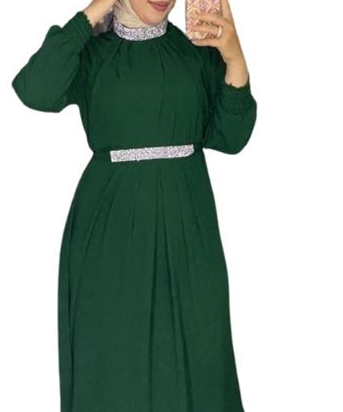 Solid Chiffon Maxi Dress With Glitter Belt Full Sleeve High Neck For Women - Green
