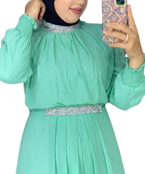 Solid Chiffon Maxi Dress With Glitter Belt Full Sleeve High Neck For Women - Mint Green