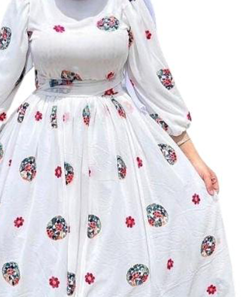 فستان شيفون ماكسي بطبعة ورد كم طويل ياقة دائرية للنساء - ابيض