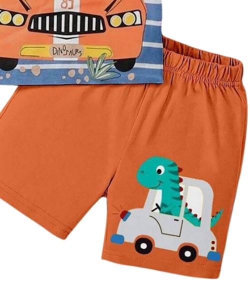 Dinasour Printed Pajama Sleeveless 2 Pieces For Kids - Blue Orange