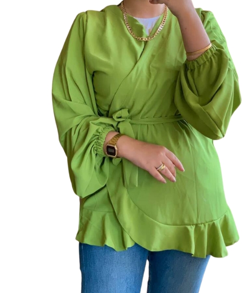 Solid Wrap Blouse Full Sleeve V Neck For Women - Green