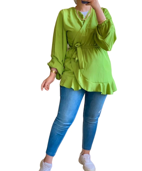 Solid Wrap Blouse Full Sleeve V Neck For Women - Green