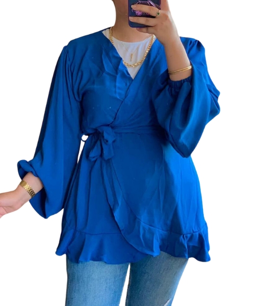 Solid Wrap Blouse Full Sleeve V Neck For Women - Blue