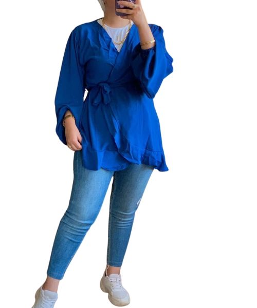 Solid Wrap Blouse Full Sleeve V Neck For Women - Blue
