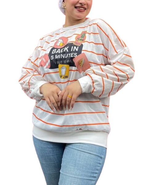 Printed Sweatshirt Full Sleeve Round Neck For Women - Orange White