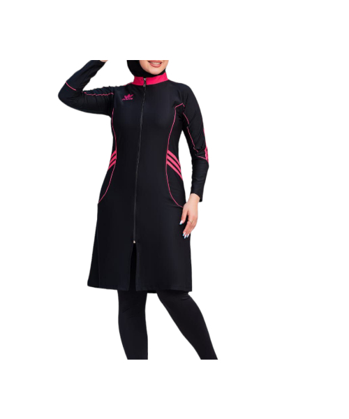 Printed Zip Up Burqini Swimsuit Waterproof 2 Pieces For Women - Black  Fuchsia