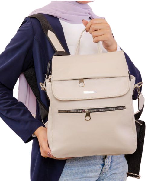 Solid Backpack Faux Leather With Front Zipper For Women 32×26 Cm