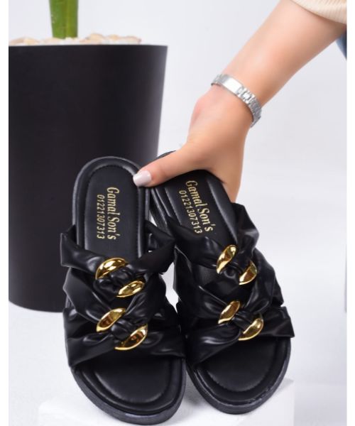 Faux Faux Leather Slides Slipper Flat With chain For Women Black