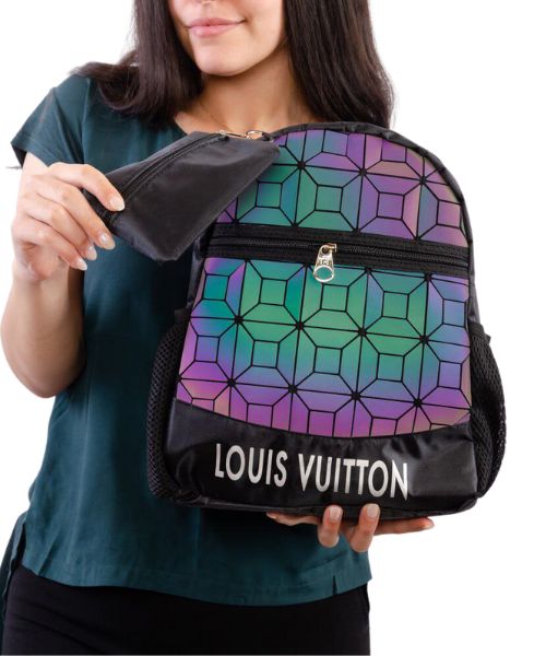 Geometric Luminous Fashion Backpack Faux Leather For Women 31×27 Cm - Black
