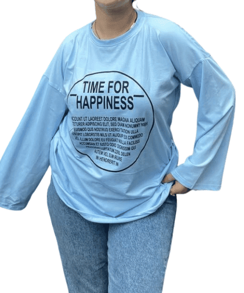 Printed Cotton T-Shirt Round Neck Full Sleeve For Women - Light Blue