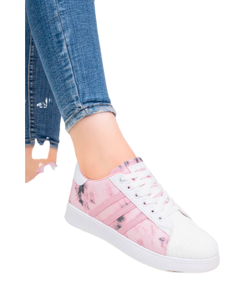 Printed Casual Lace Up Shoes Faux Leather For Women -White Pink