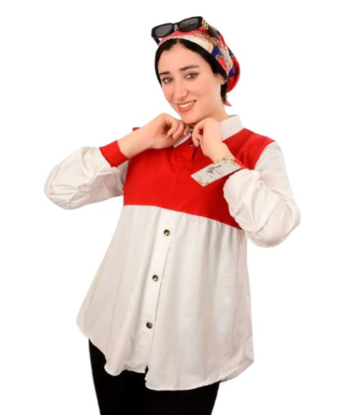 Solid Blouse With Neck Long Sleeve For Women - White Red