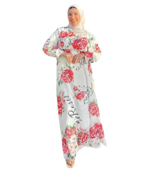 Floral Print Maxi Dress With Elastic Waist Full Sleeve For Women - White Red
