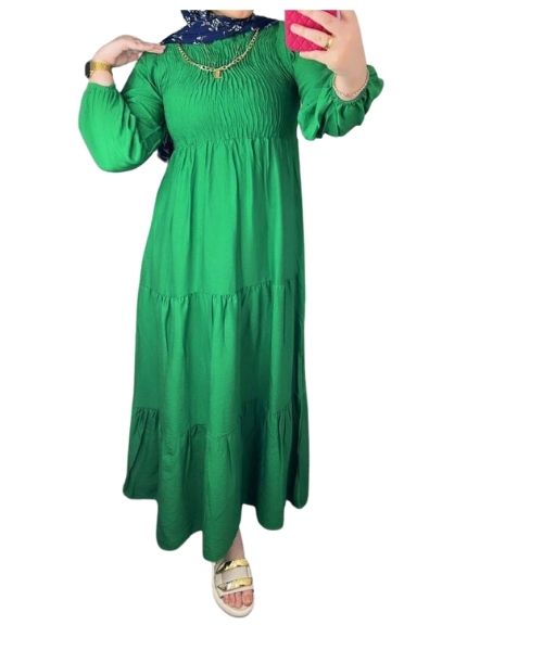 Solid Maxi Dress Full Sleeve Round Neck For Women - Green