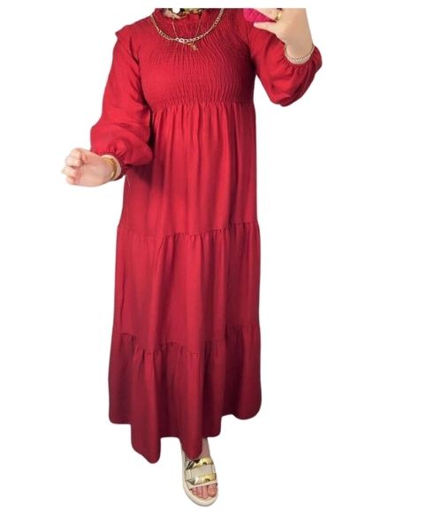 فستان ماكسي ساده كم طويل ياقة دائرية للنساء - احمر