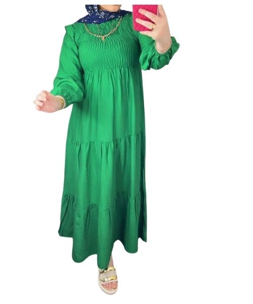 فستان ماكسي ساده كم طويل ياقة دائرية للنساء - اخضر