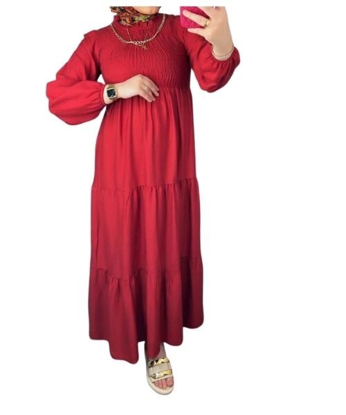 فستان ماكسي ساده كم طويل ياقة دائرية للنساء - احمر