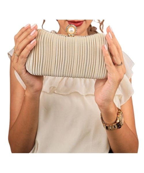 Beige clutch discount bag with chain