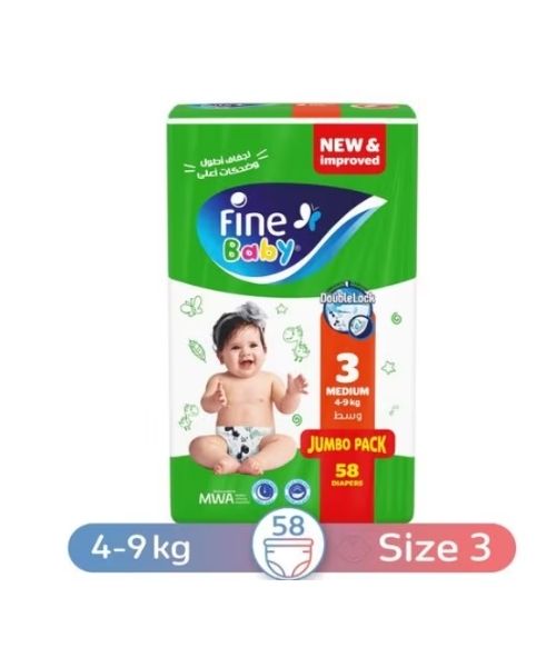 Fine Baby Size 3 Diapers Double lock From 4 To 9 kg - 58 Pieces