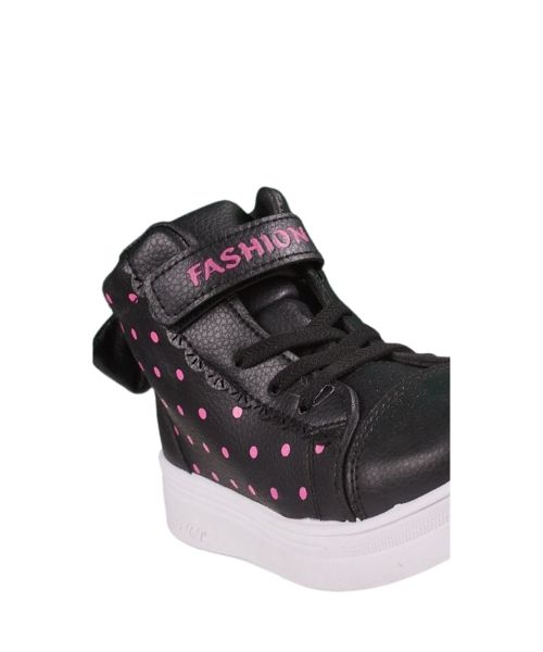 Dotted High Neck Lace Up Shoes Faux Leather Flat For Girls- Fuchsia Black