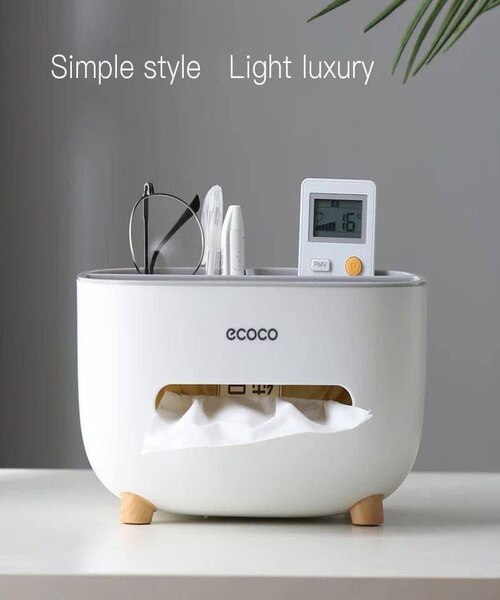 Ecoco Tissue Box Holder With Storage 20.5 X 16 X 12 Cm - White Grey