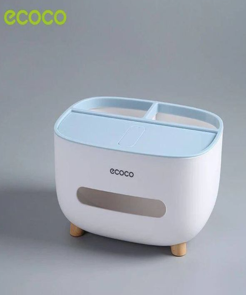 Ecoco Tissue Box Holder With Storage 20.5 X 16 X 12 Cm - White Light Blue