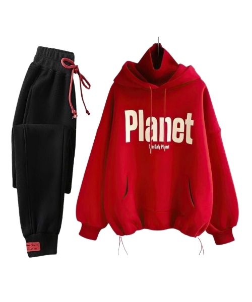 Printed Milton Pajama Full Sleeve Hoodie Neck 2 Pieces For Women - Red Black