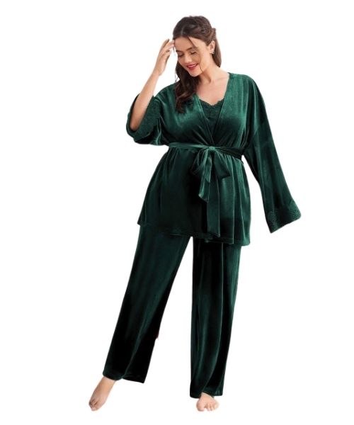 Solid Velvet Pajama Full Sleeve V Neck 3 Pieces For Women - Green