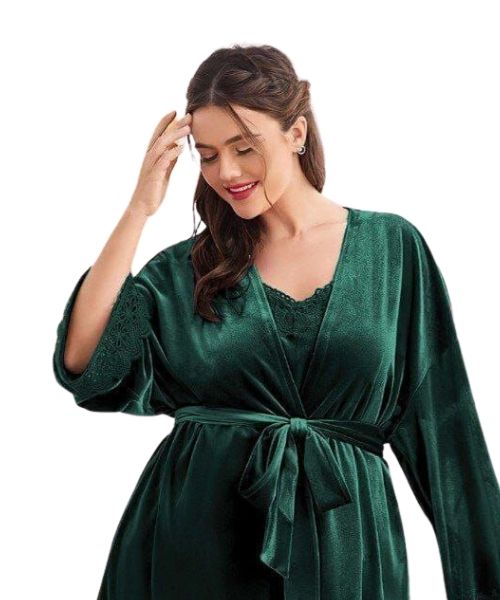 Solid Velvet Pajama Full Sleeve V Neck 3 Pieces For Women - Green