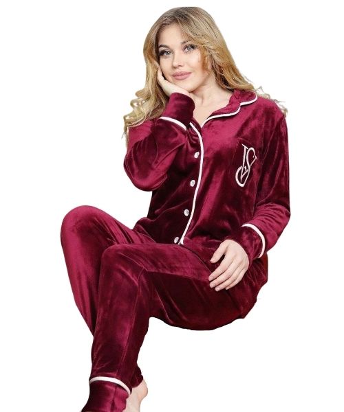 Solid Velvet Pajama Full Sleeve With Neck And Buttons 2 Pieces For Women -  Dark Red