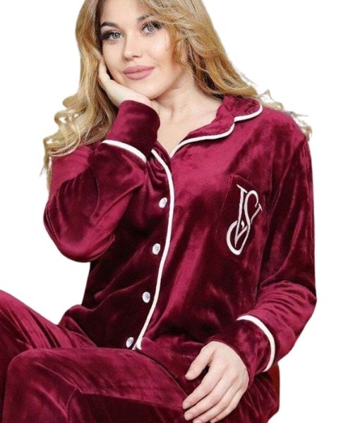 Solid Velvet Pajama Full Sleeve With Neck And Buttons 2 Pieces For Women -  Dark Red