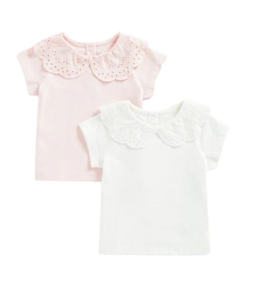 Mothercare Solid Cotton T-Shirt Short Sleeve 2 Pieces For Kids - White Pink