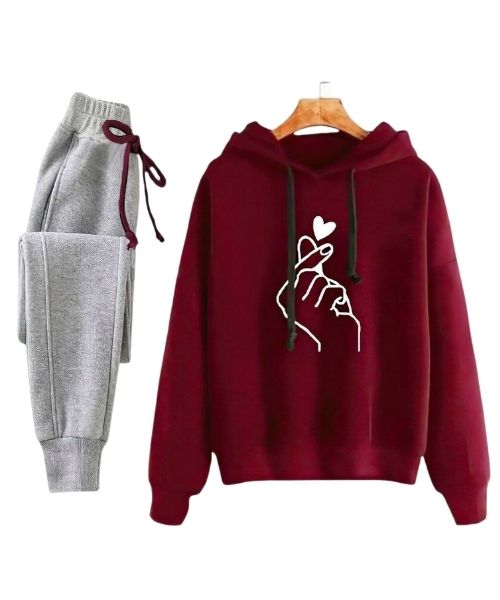 Printed Milton Pajama Full Sleeve Hoodie Neck 2 Pieces For Women - Dark Red Grey