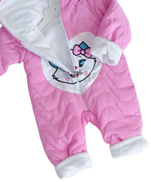 Quilted Fur Cat Print Jumpsuit Waterproof With Zipper For Kids - Pink