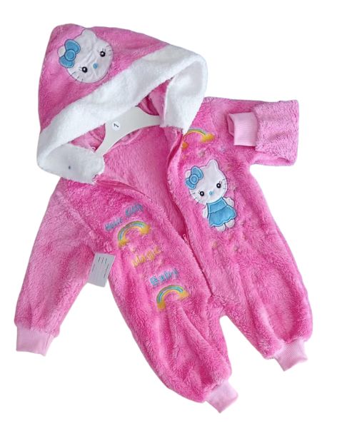Quilted Fur Carton Printed Jumpsuit With Zipper For Kids - Fuchsia