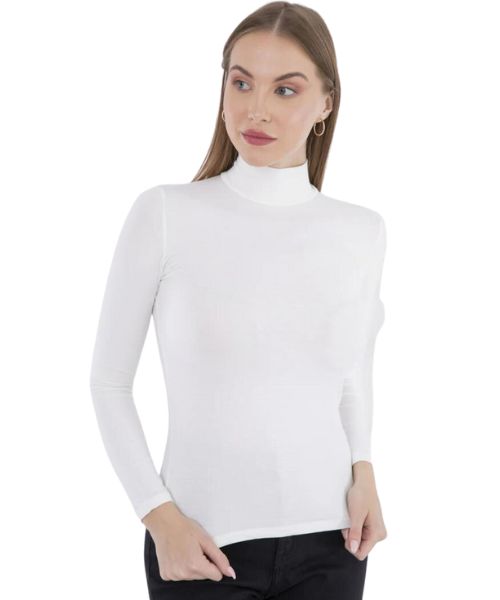 Carina Solid Viscose Top Full Sleeve High Neck For Women - White