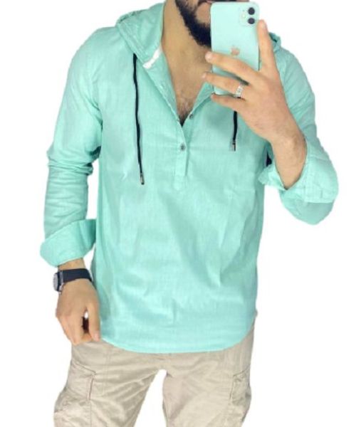 Solid Shirt With Buttons Full Sleeve Hoodie Neck For Men - Mint Green