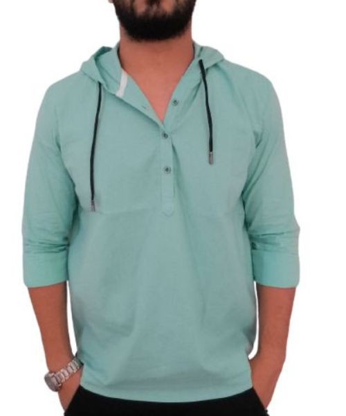 Solid Shirt With Buttons Full Sleeve Hoodie Neck For Men - Mint Green