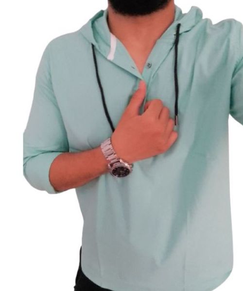 Solid Shirt With Buttons Full Sleeve Hoodie Neck For Men - Mint Green