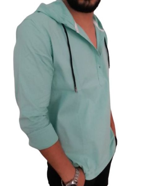 Solid Shirt With Buttons Full Sleeve Hoodie Neck For Men - Mint Green