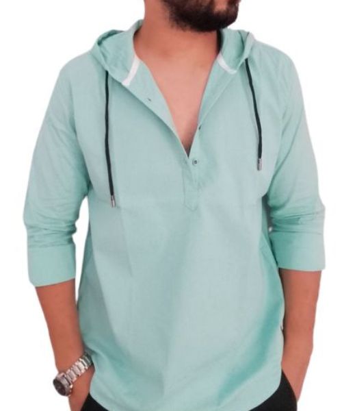 Solid Shirt With Buttons Full Sleeve Hoodie Neck For Men - Mint Green