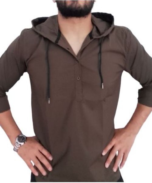 Solid Shirt With Buttons Full Sleeve Hoodie Neck For Men - Olive