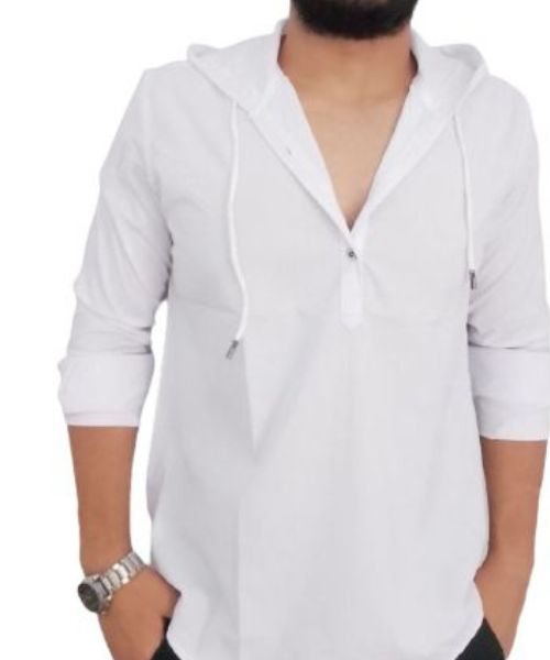 Solid Shirt With Buttons Full Sleeve Hoodie Neck For Men - White