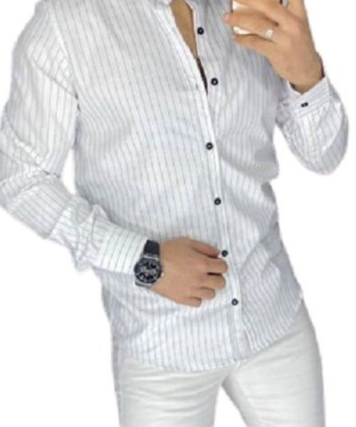 Striped Shirt With Neck And Buttons Full Sleeve For Men - White