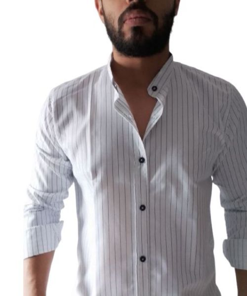 Striped Shirt With Neck And Buttons Full Sleeve For Men - White