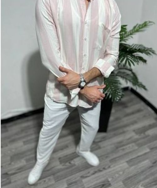 Cotton Striped Shirt Full Sleeve With Neck And Buttons For Men - White Rose