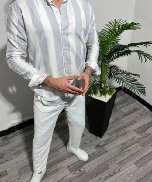 Cotton Striped Shirt Full Sleeve With Neck And Buttons For Men - White Grey